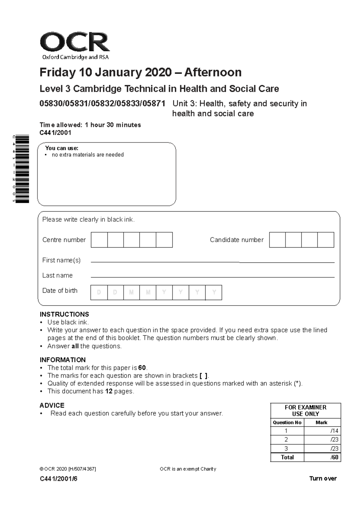 OCR Level 3 Cambridge Technical Health & Safety Exam Paper - Jan 2020 ...