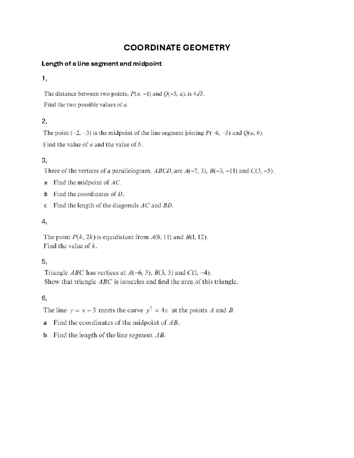 Coordinate Geometry 1 - difficult - Math I - COORDINATE GEOMETRY Length ...
