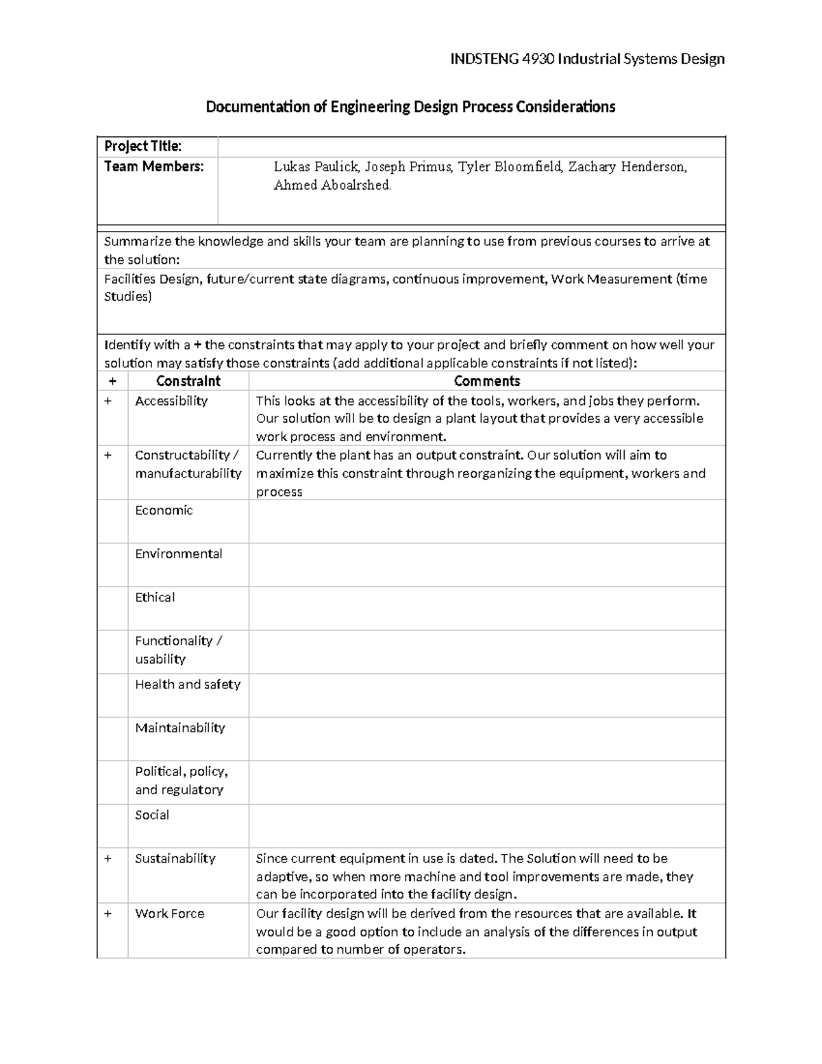 Engineering Design Project Documentation - INDSTENG 4930 Industrial ...