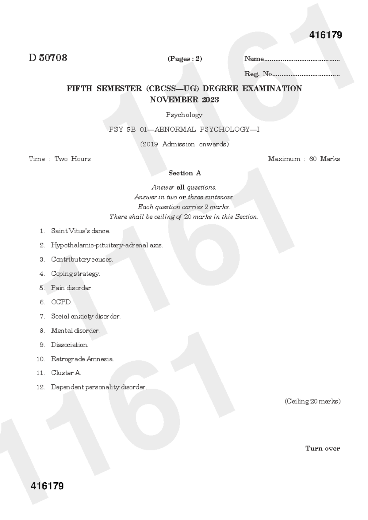 PSY 5B Fifth Semester Exam Nov 2023 - Abnormal Psychology - Studocu