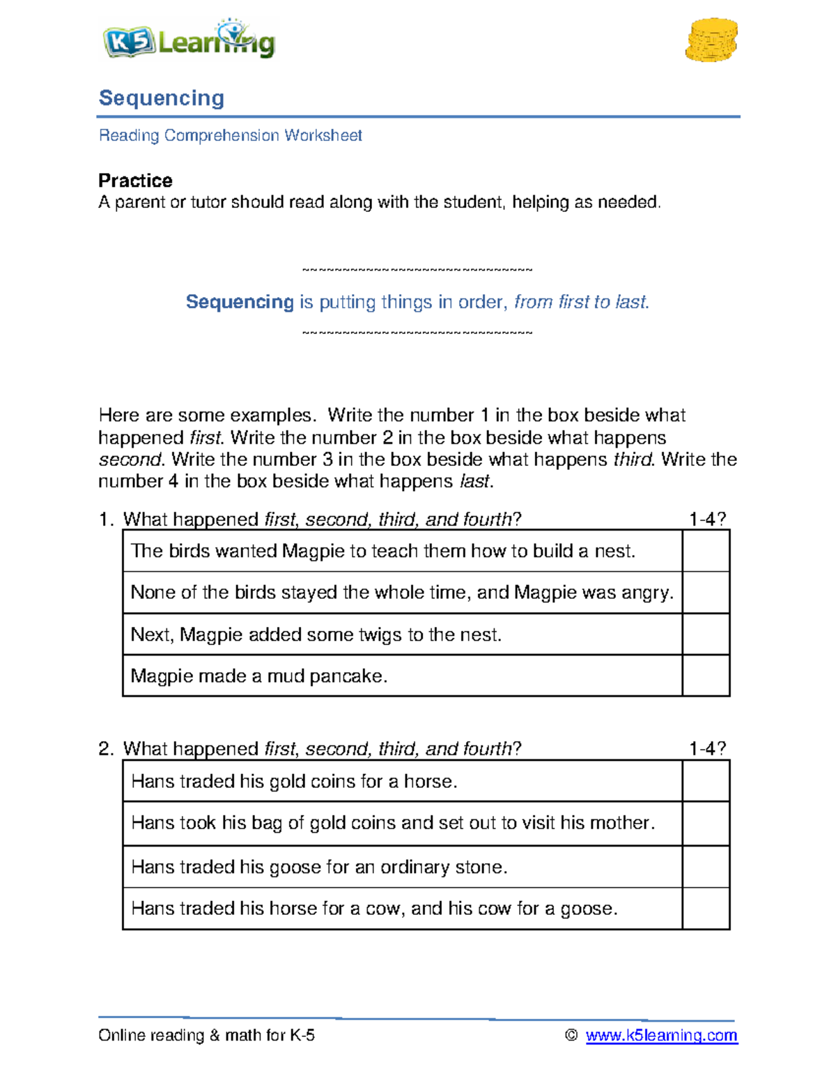 Grade 3 sequencing a - english - Online reading & math for K-5 ...