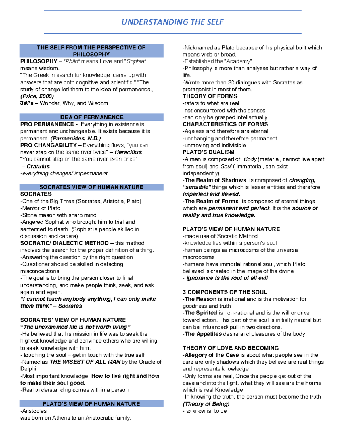 UTS Midterm 1 Study Notes: The Self in Philosophy, Anthropology, & Psychology - Document Preview
