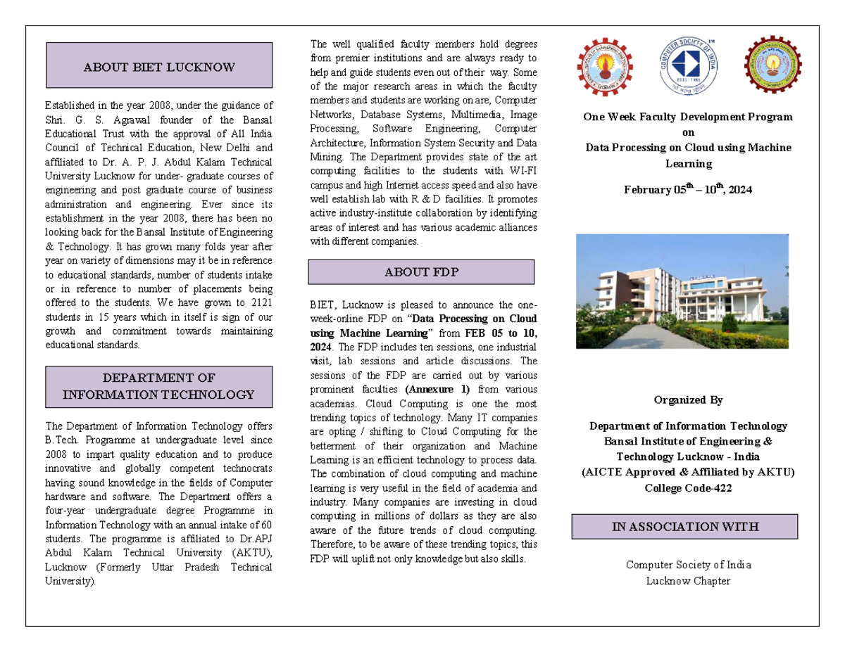 FDP on Cloud Processing & Machine Learning (IT Dept, BIET Lucknow ...
