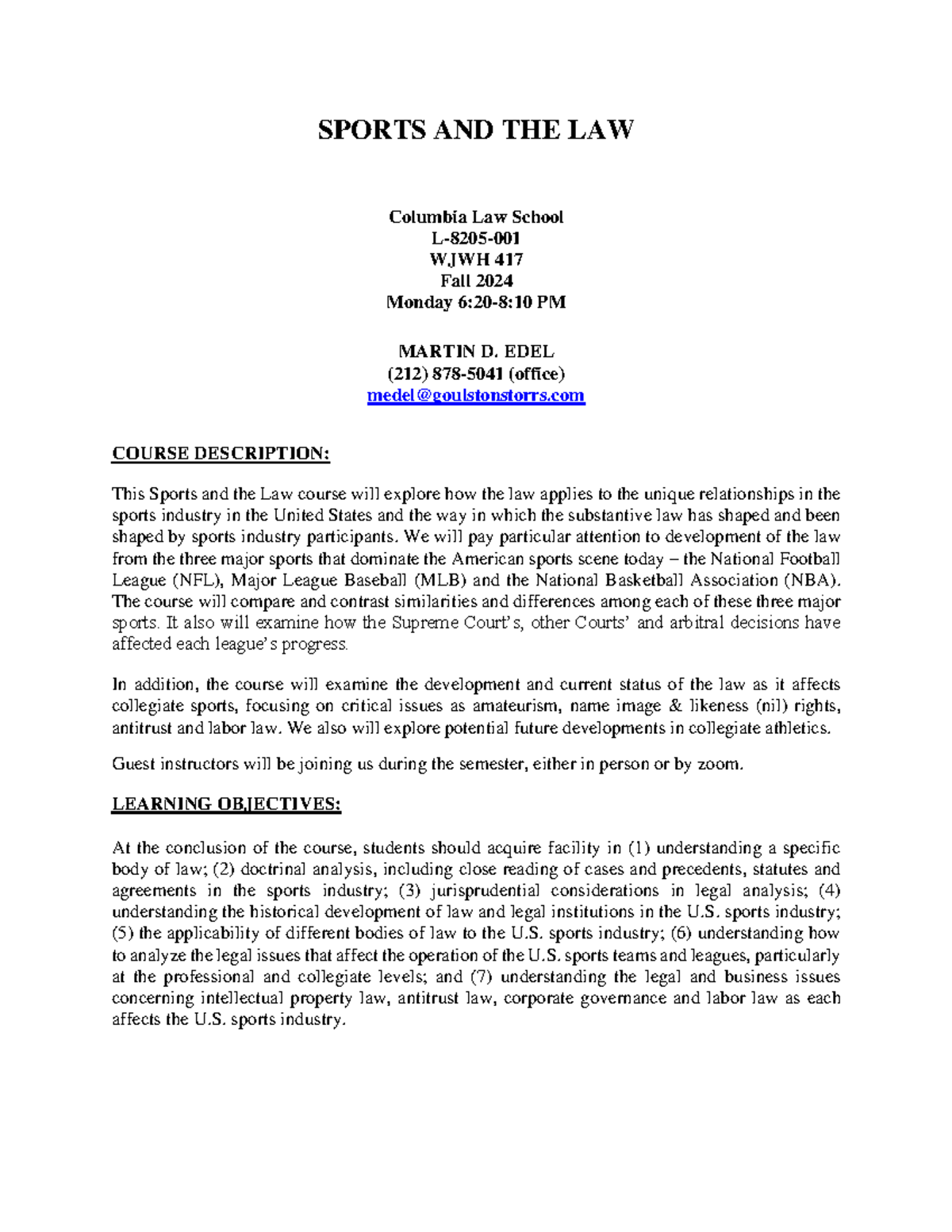 Sports and the Law Syllabus WJWH 417 Fall 2024 - Columbia Law School ...