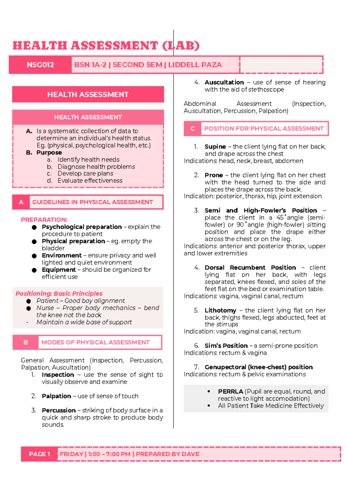 HEALTH ASSESSMENT LAB NSG012 BSN 2ND SEM: Guidelines & Techniques - Studocu