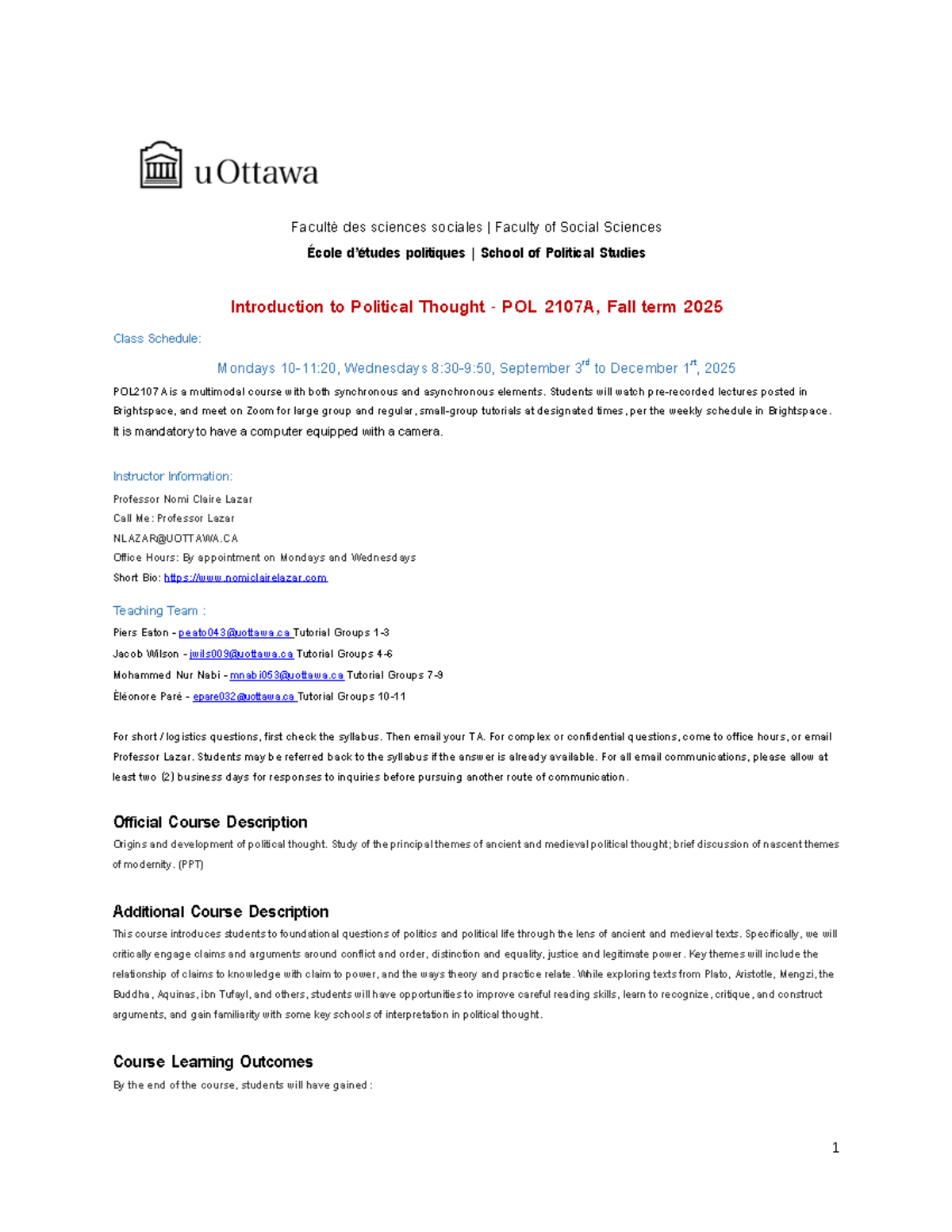 POL 2107A - Introduction to Political Thought Class Schedule & Details ...