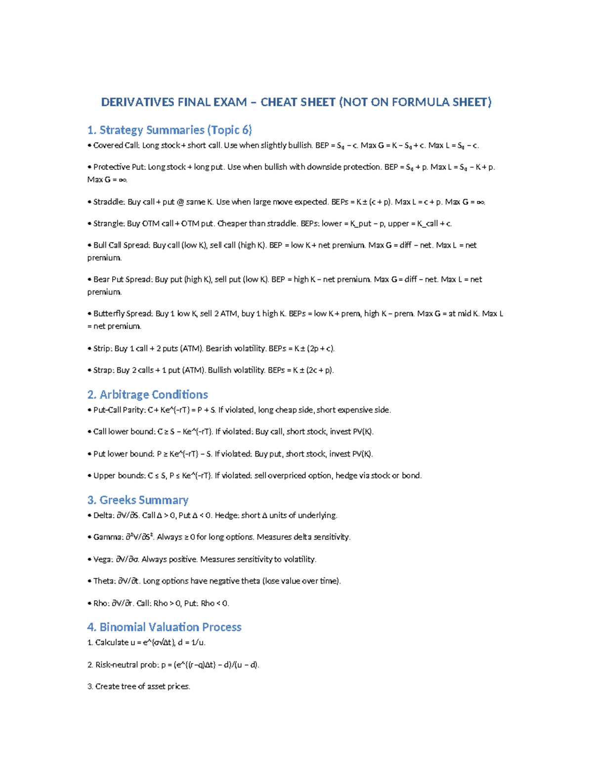 DERIVATIVES FIN EXAM CHEAT SHEET: STRATEGIES & GREEKS - Studocu