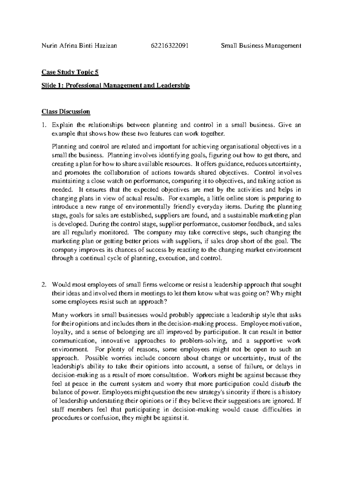 Case Study Analysis on Management Practices in Small Business (SHM ...