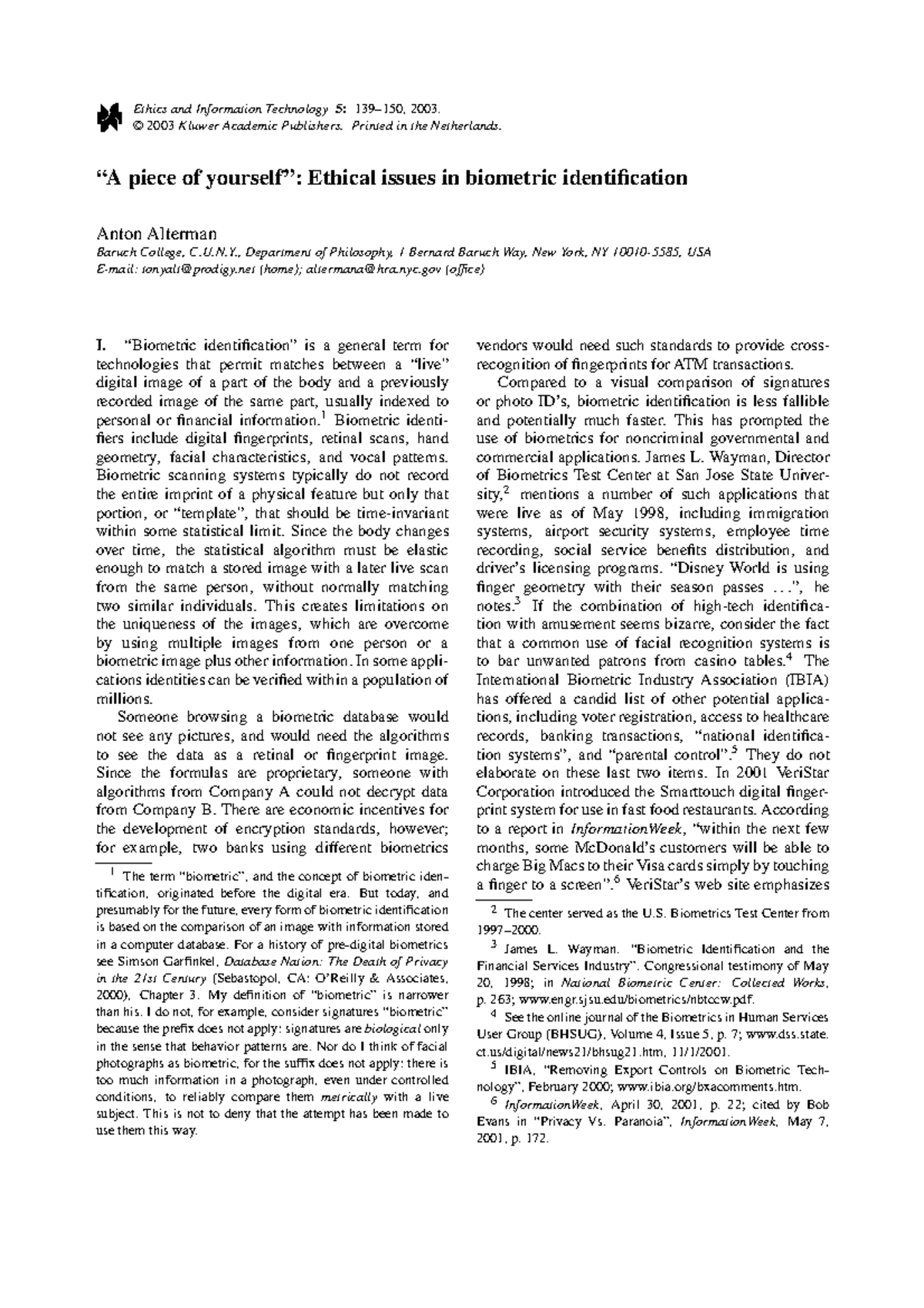 ETH 101: Ethical Issues in Biometric Identification & Privacy Concerns ...