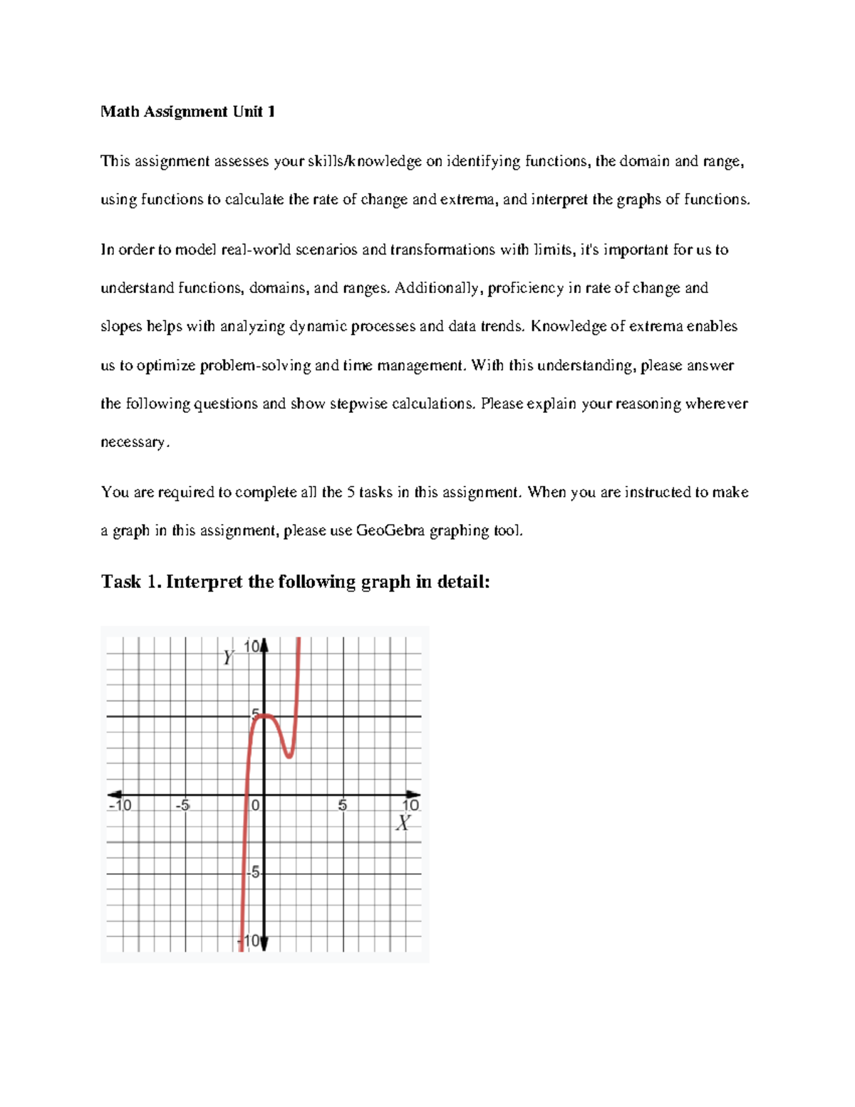 Math Assignment Unit 1: Functions, Graphs, and Rate of Change Analysis ...