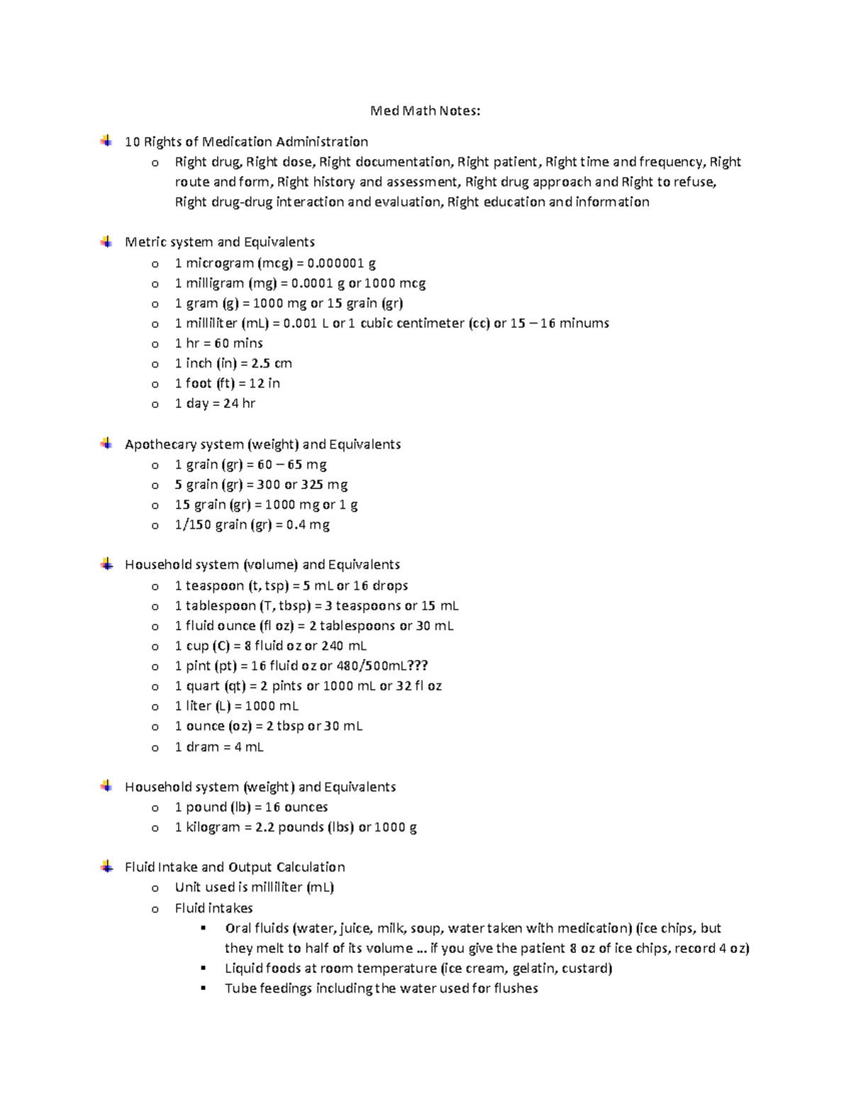 Med Math Study Notes: Key Points & Equivalents for Practice - Studocu