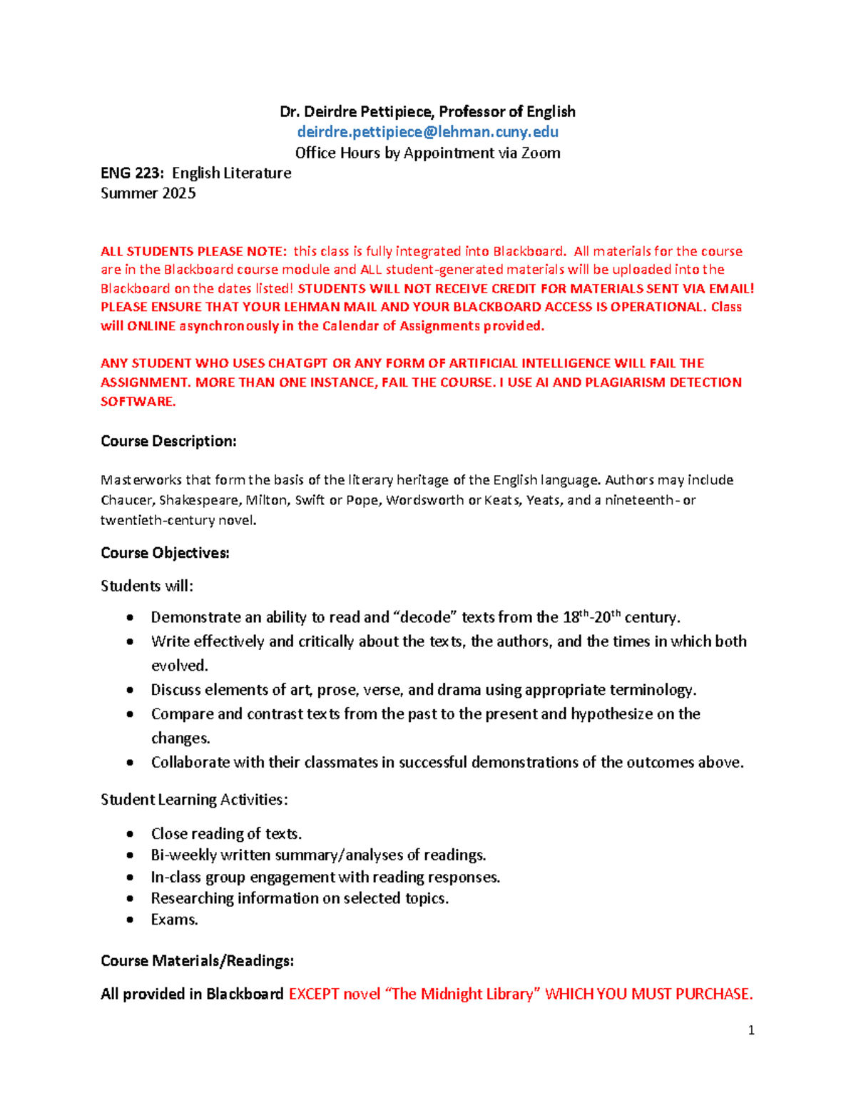 ENG 223: English Literature Summer 2025 Syllabus & Course Info - Studocu
