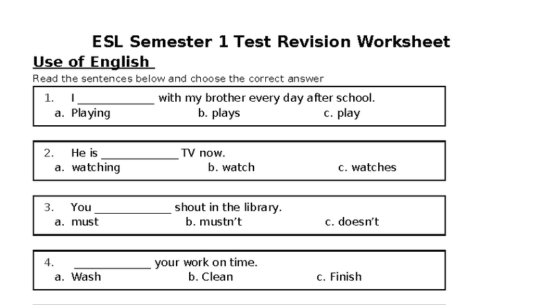 ESL Semester 1 Test Revision Worksheet - ESL Semester 1 Test Revision ...
