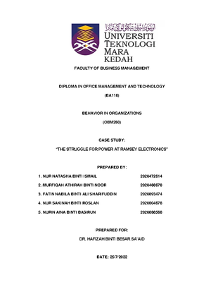 OBM 260 CASE Study - OBM 260 BEHAVIOR IN ORGANIZATIONS MBA1184N CASE ...