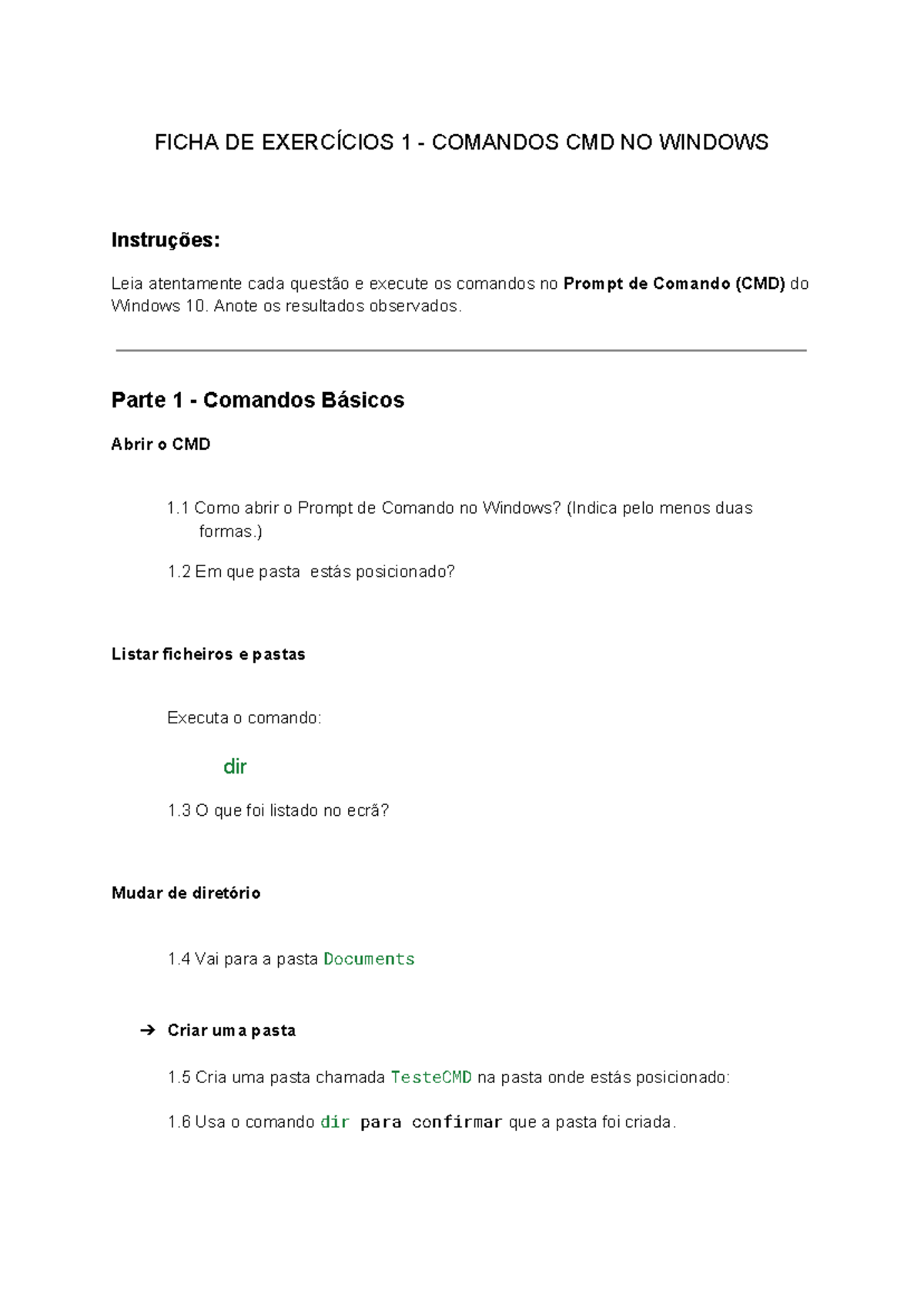 Ficha de Exercícios 1 - Comandos CMD no Windows 10 - Studocu