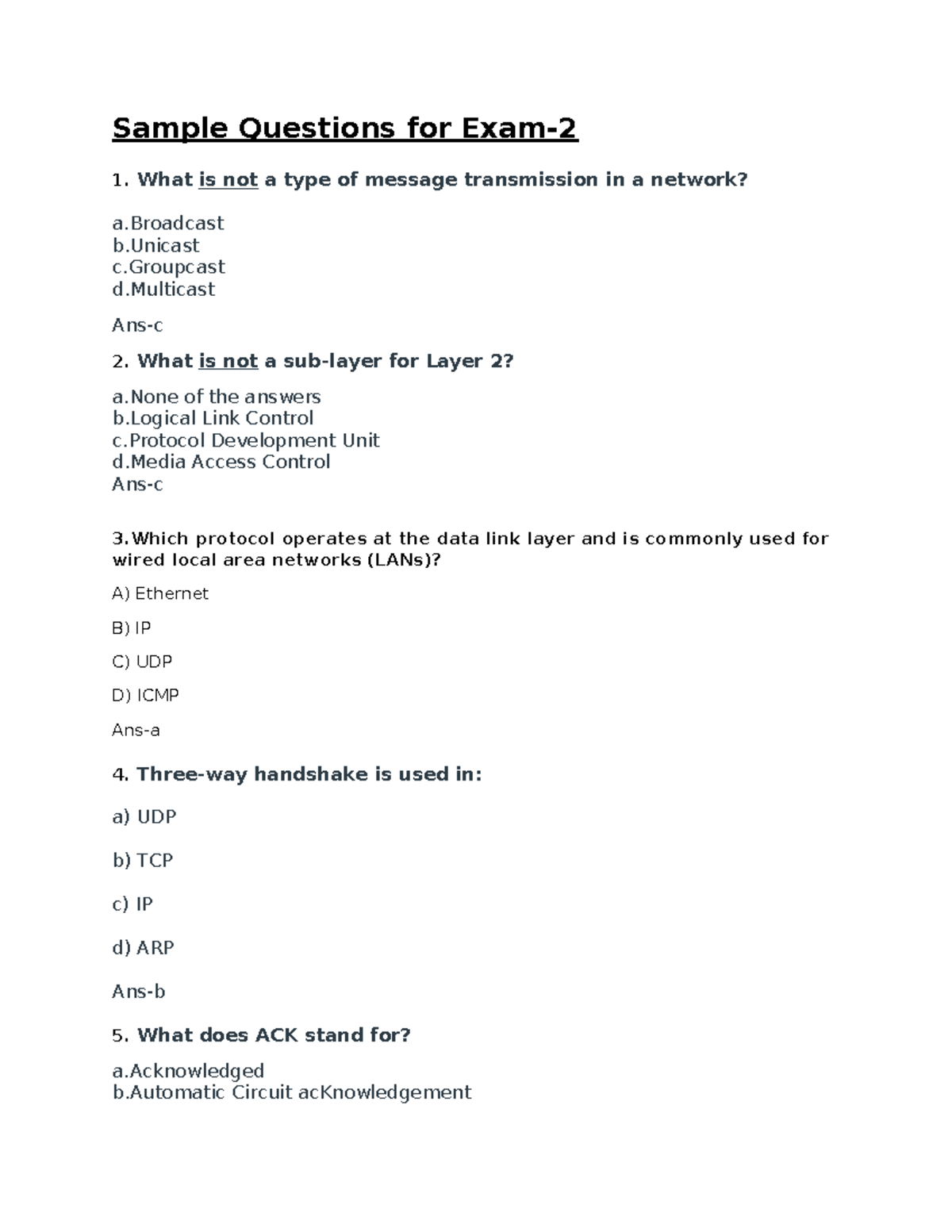 Sample Questions for Network Protocols Exam-2 Review - Studocu