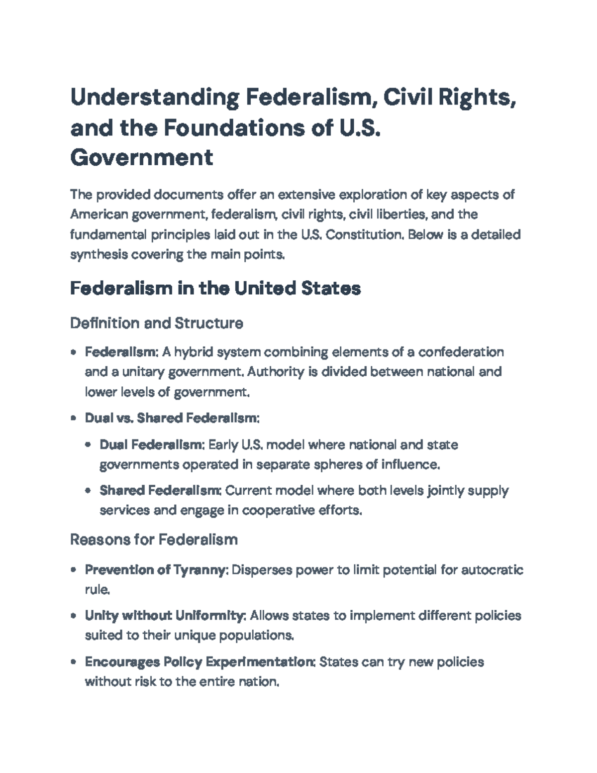 Understanding Federalism, Civil Rights, and U.S. Government Foundations ...