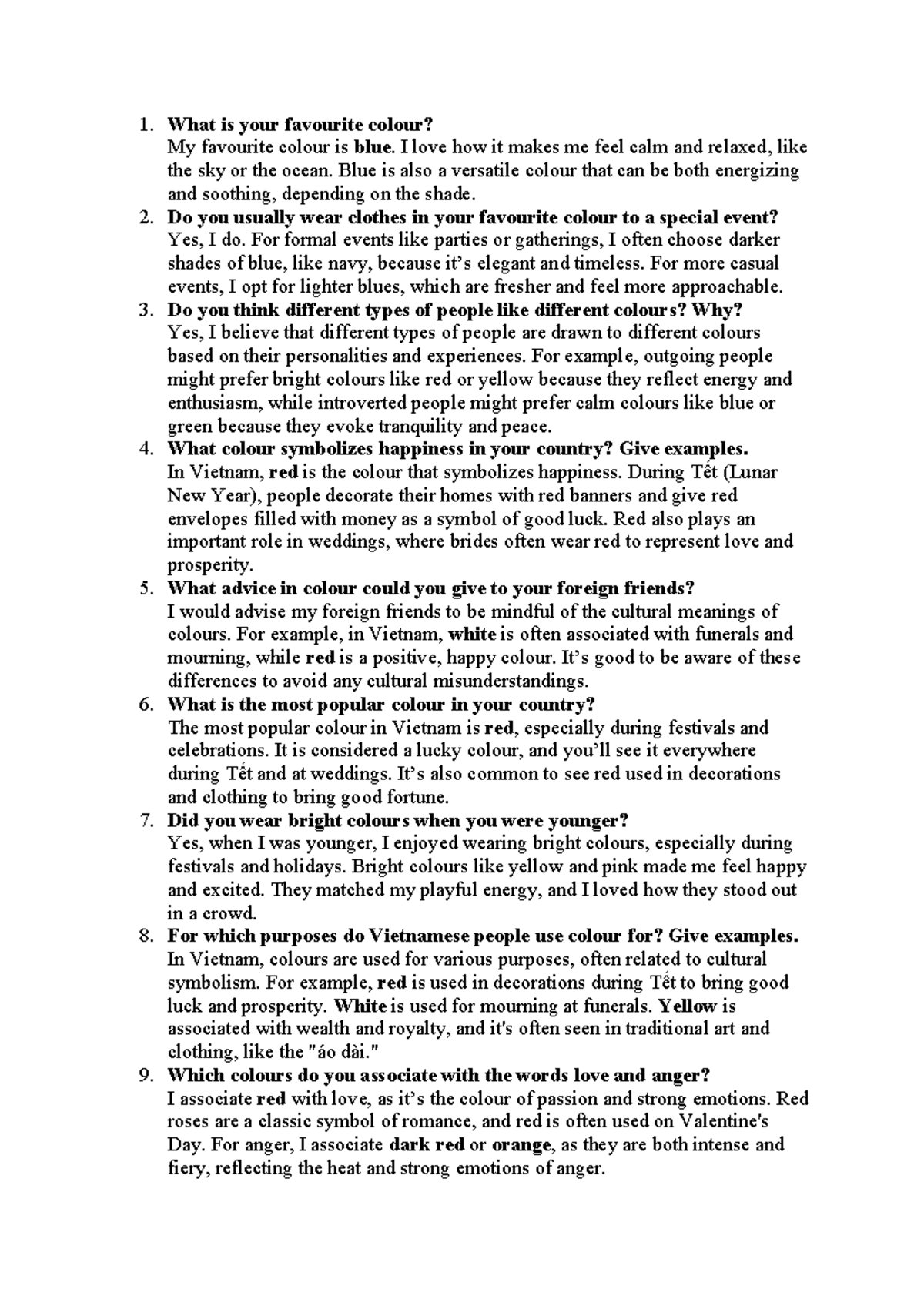 English Speaking Test - Class Notes on Color Preferences and Symbolism ...