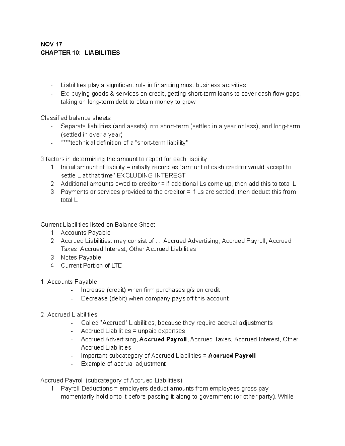 2227 NOV 17 CHAPTER 10: LIABILITIES OVERVIEW AND KEY CONCEPTS - Studocu