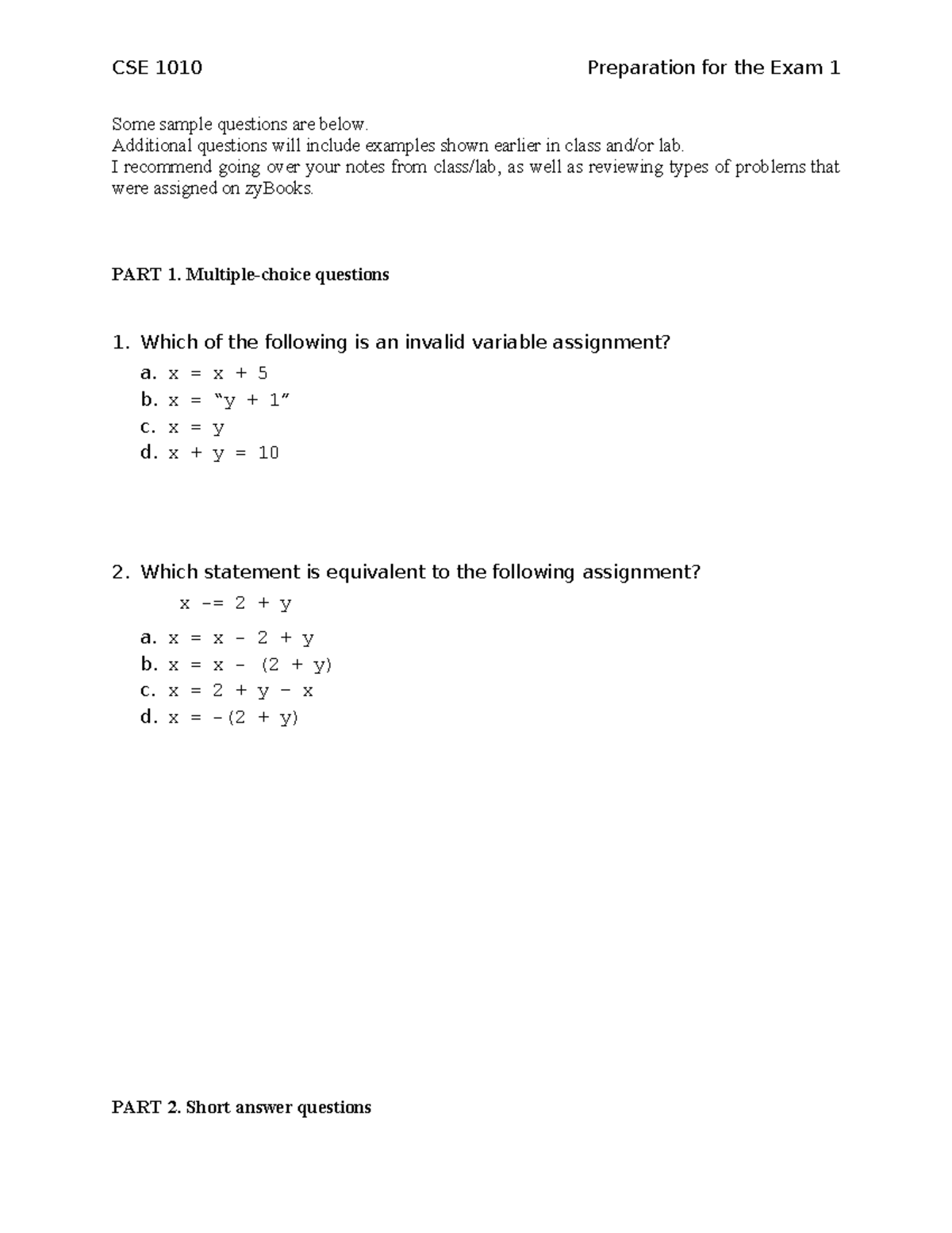 Fall'25 - CSE 1010 Exam 1 Prep: Sample Questions & Exercises - Studocu