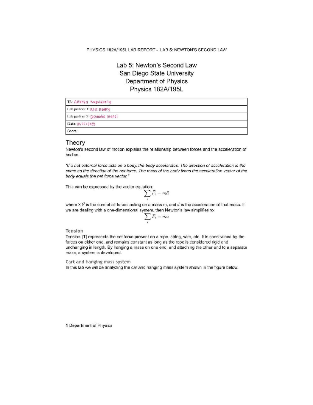 PHYS 2 - Lab Report: Analysis of Second Law (Lab 5) - Studocu