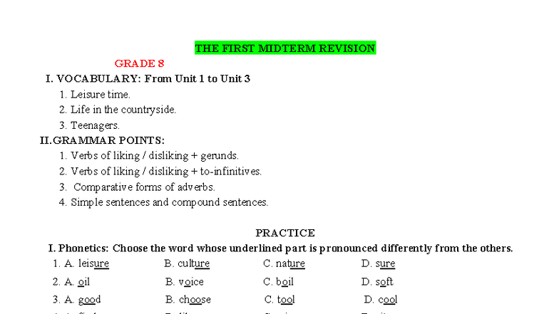 E8 - Midterm Revision Guide: Vocabulary & Grammar Units 1-3 - Studocu