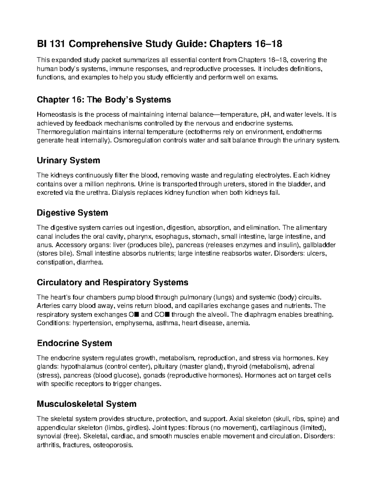 BI 131 Comprehensive Study Guide: Human Systems & Immunity - Studocu