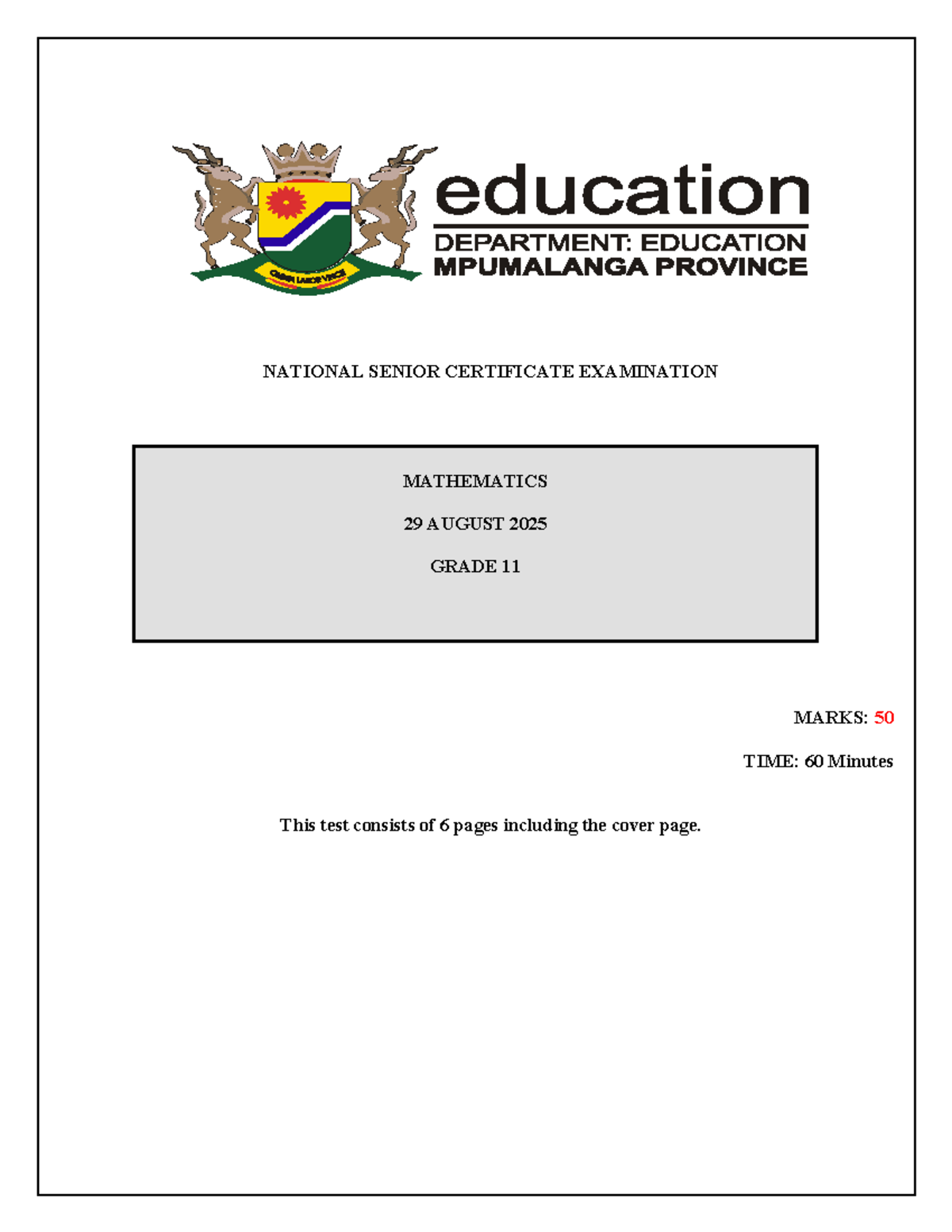 Grade 11 Mathematics NSC August Test 2025 - Practice Material - Studocu