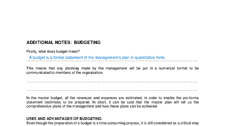 Additional Notes: Budgeting and Cash Budget Preparation (FIN 101) - Studocu