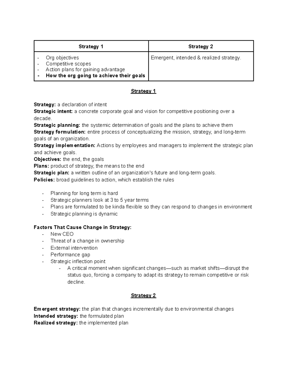 Chapter 1 Notes - Strategy 1 Strategy 2 Org objectives Competitive ...