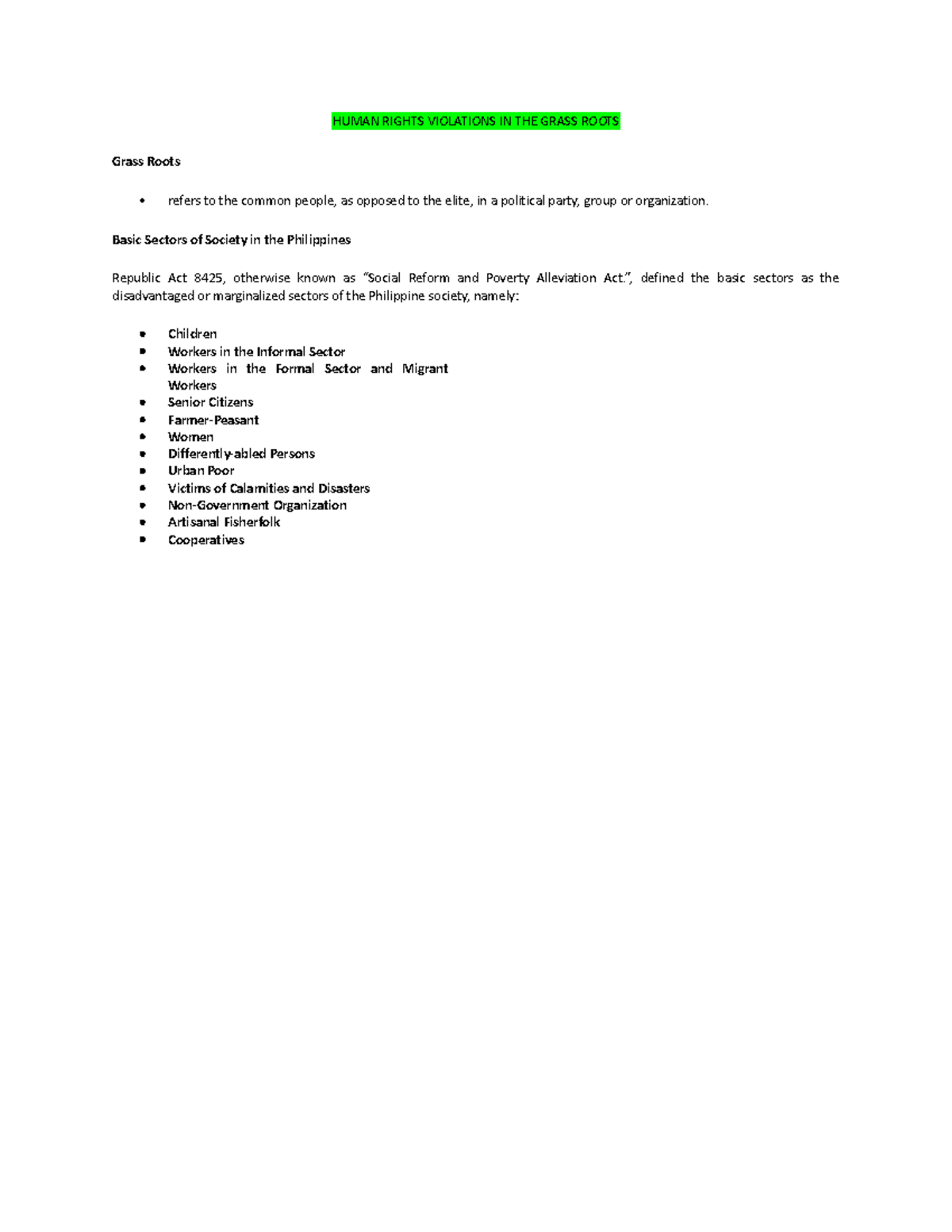 CESC Final Term Reviewer: Human Rights Violations at Grass Roots - Studocu