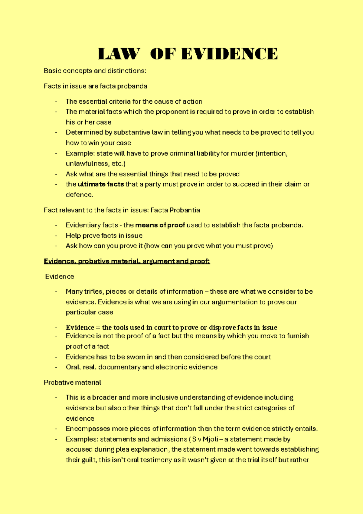 LAW OF EVIDENCE A1 Exam Notes: Key Concepts & Distinctions - Studocu