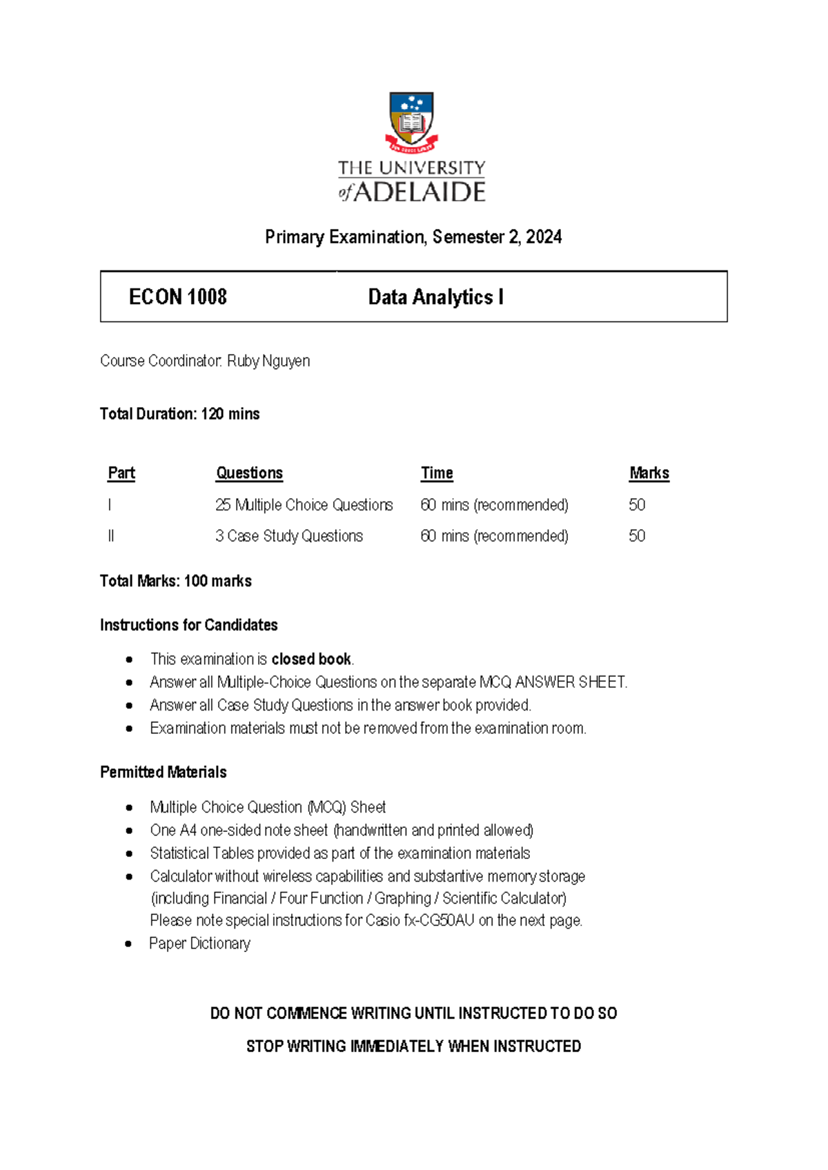 ECON 1008 Data Analytics I - Primary Exam Cover Page S2 2024 - Studocu