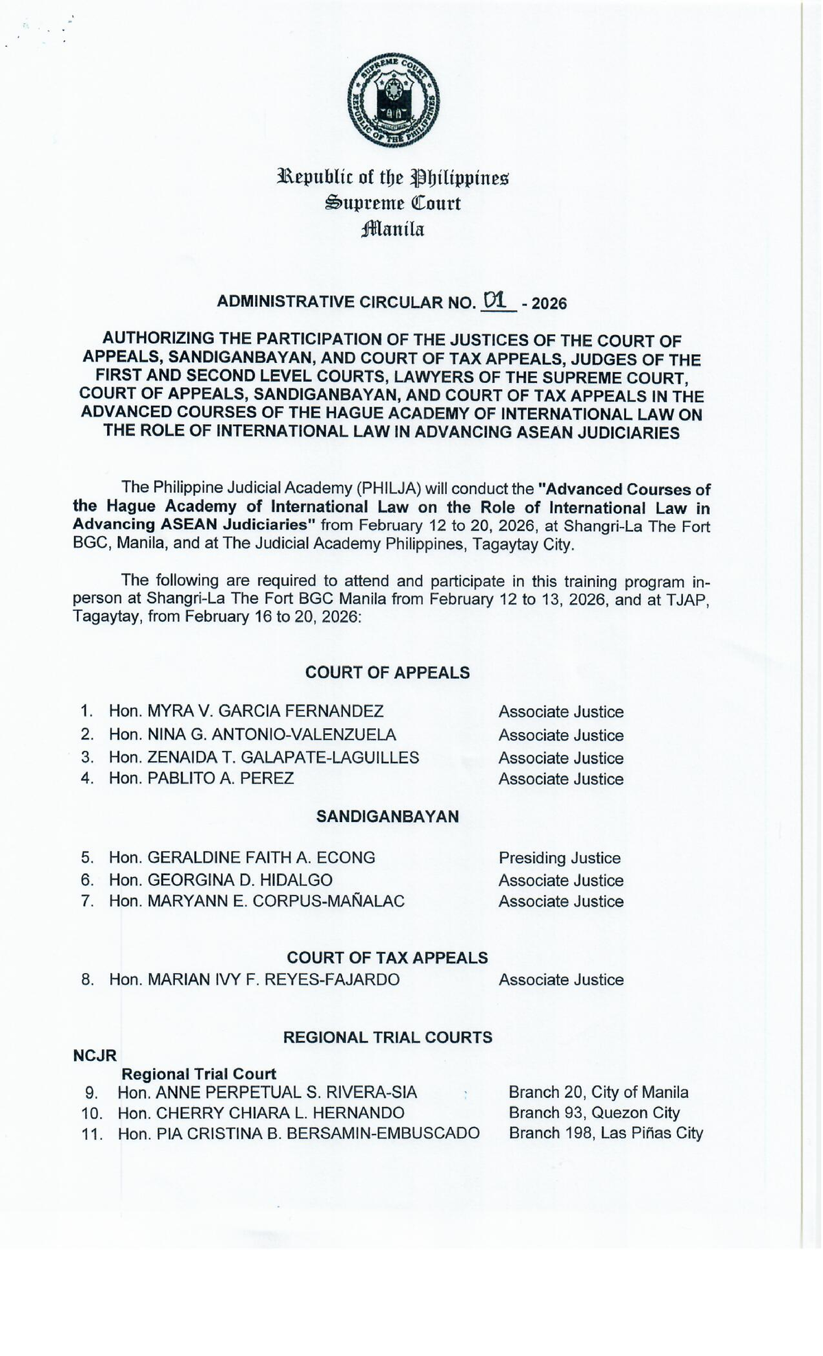 Administrative Circular No. U1 2026: Hague Academy Courses for Justices ...