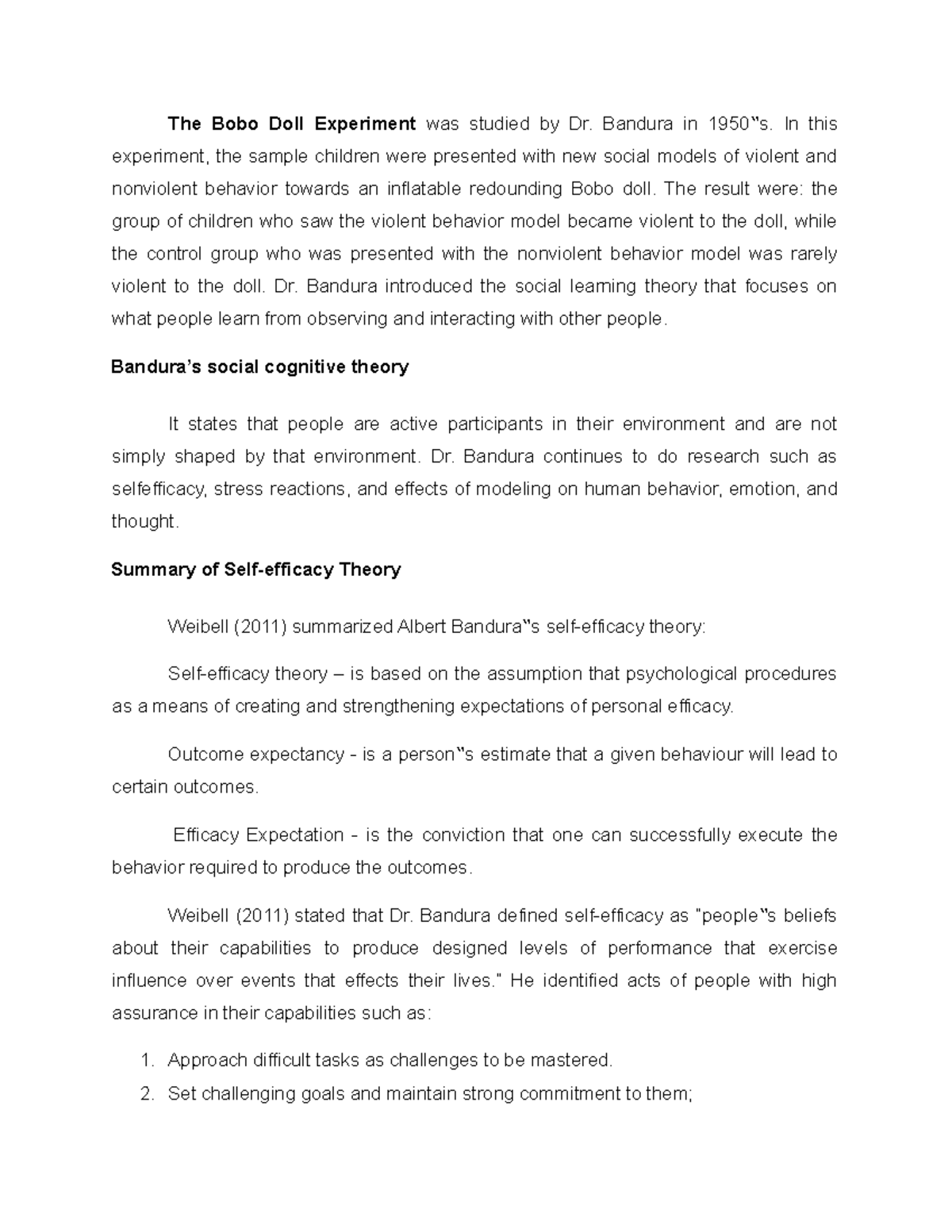 Bandura’s Social Learning & Self-Efficacy Theories Overview - Studocu