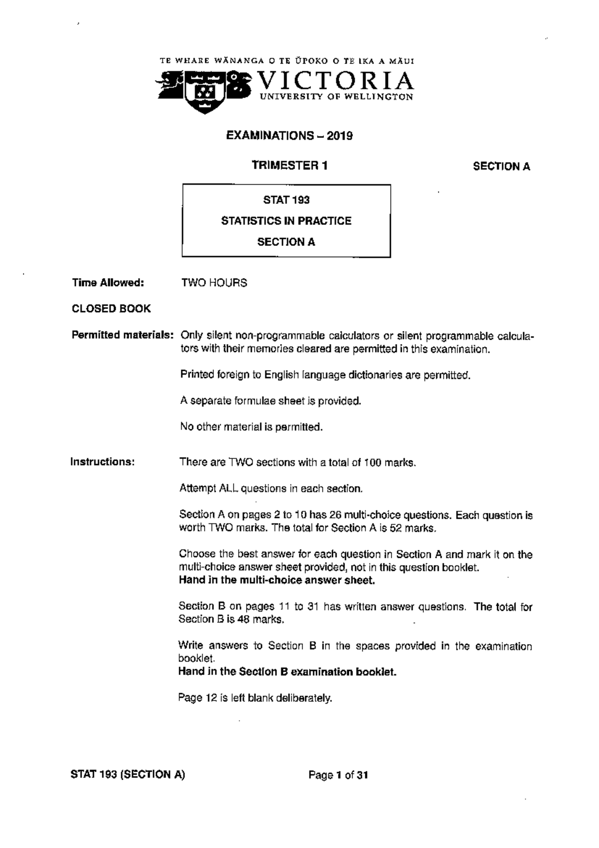 STAT 193: Statistics in Practice 2019 Trimester 1 Exam Scan - Studocu