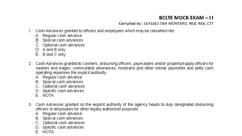 BCLTE MOCK EXAM I by ULYSSES TAN MONTERO, REB, REA, CTT - Studocu