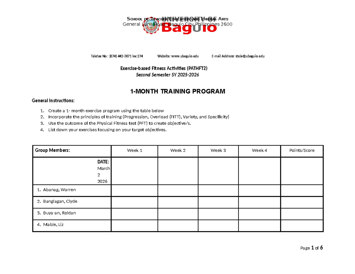 Fitness Activities Training Program (PATHFT2) - Second Semester SY ...