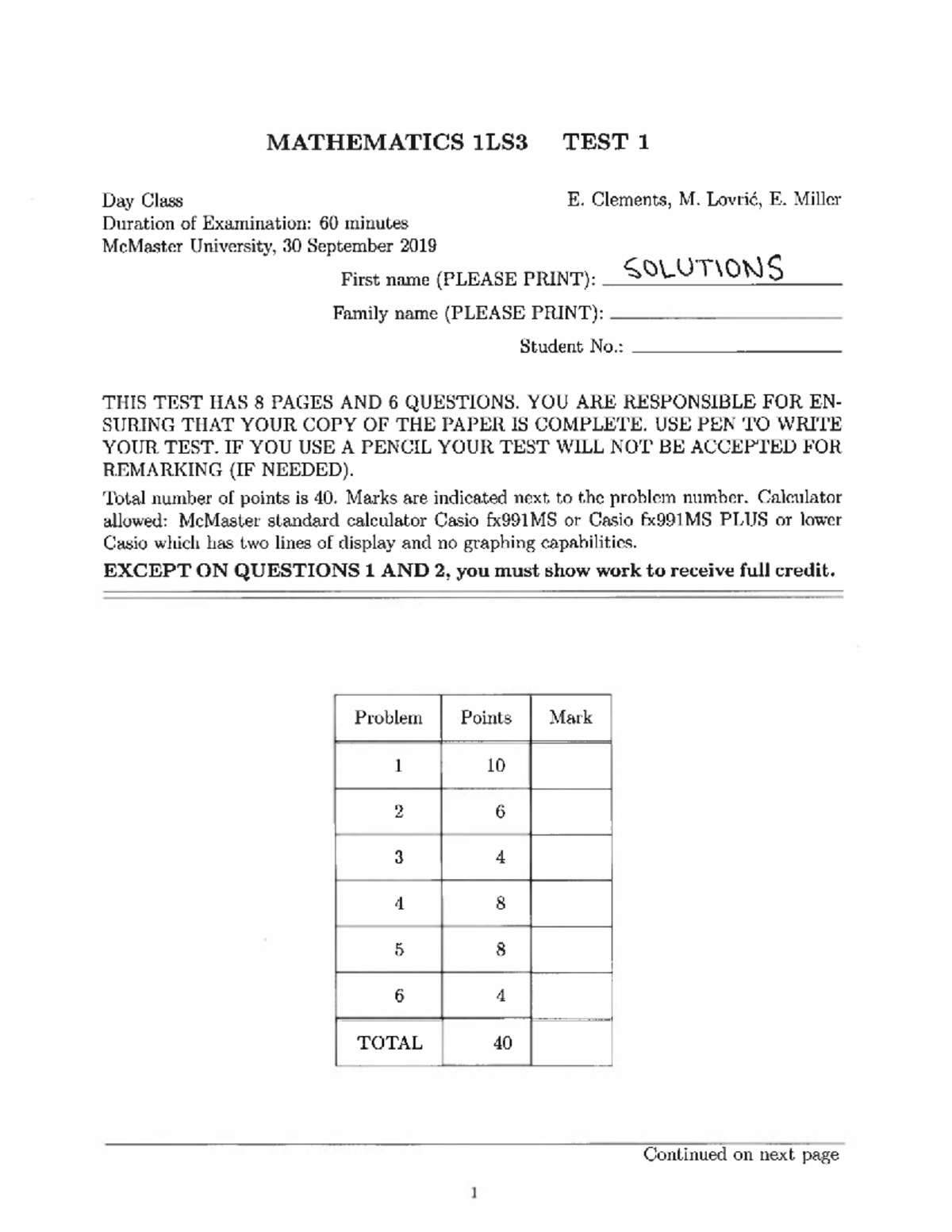 MATH 1LS3 TEST 1 SOLUTIONS - DAY CLASS - 30 SEPT 2019 - Studocu