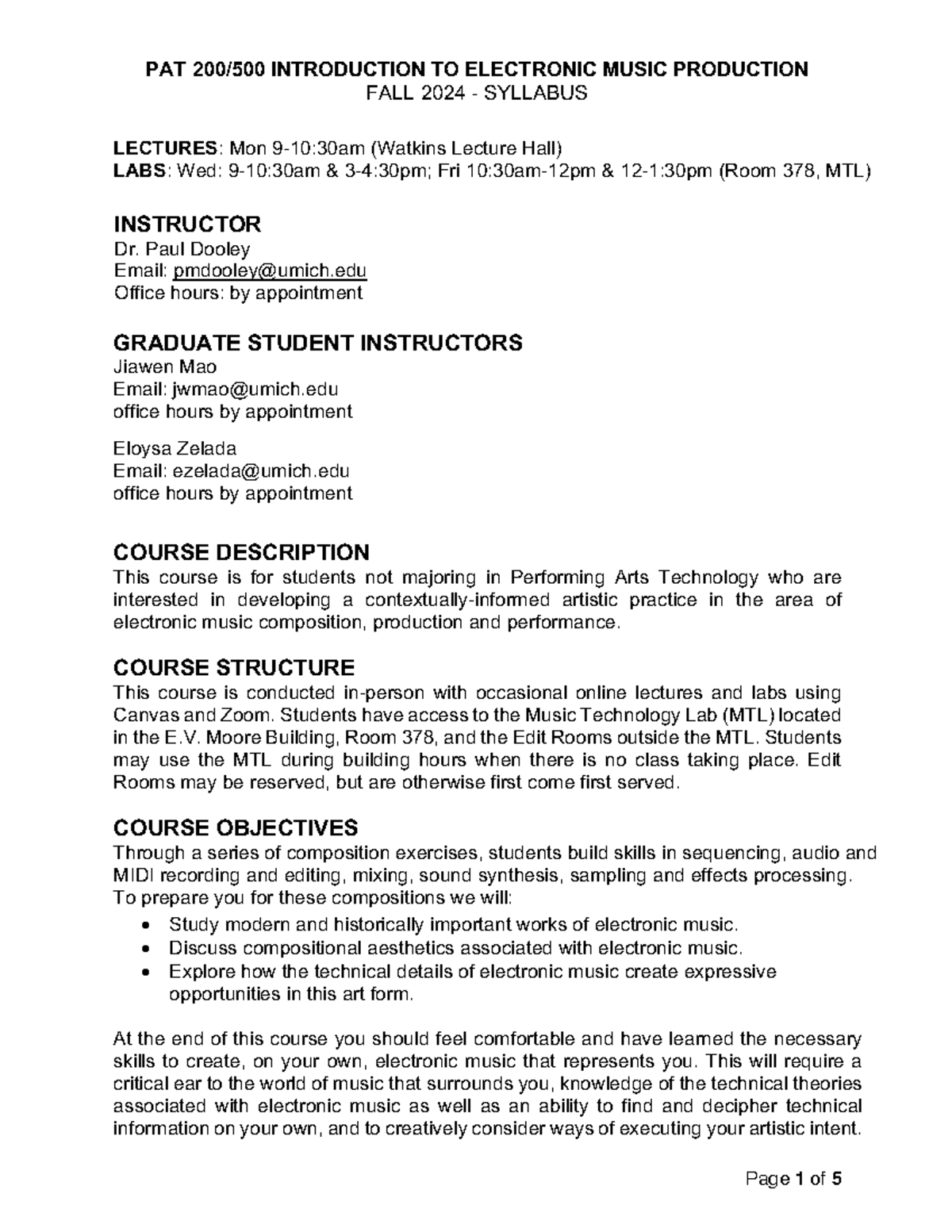 PAT 200-500 Electronic Music Production Syllabus - Fall 2024 - Studocu
