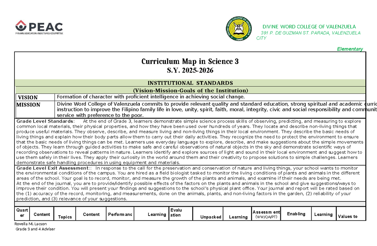 Science 3 Curriculum Map: Exploring Nature and Living Things - Studocu