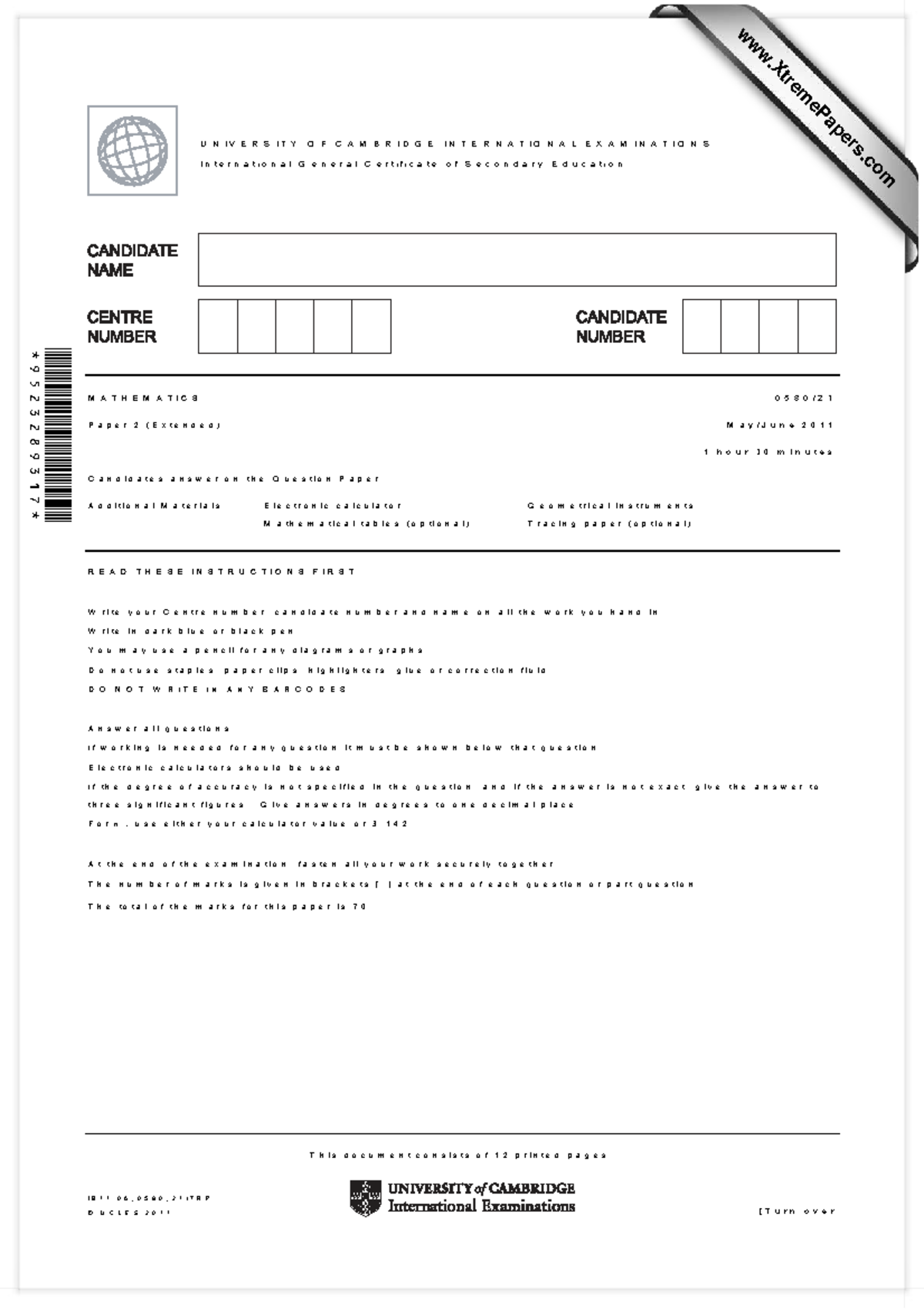 IGCSE Mathematics 0580 S11 Paper 2 (Extended) Past Exam Questions - Studocu