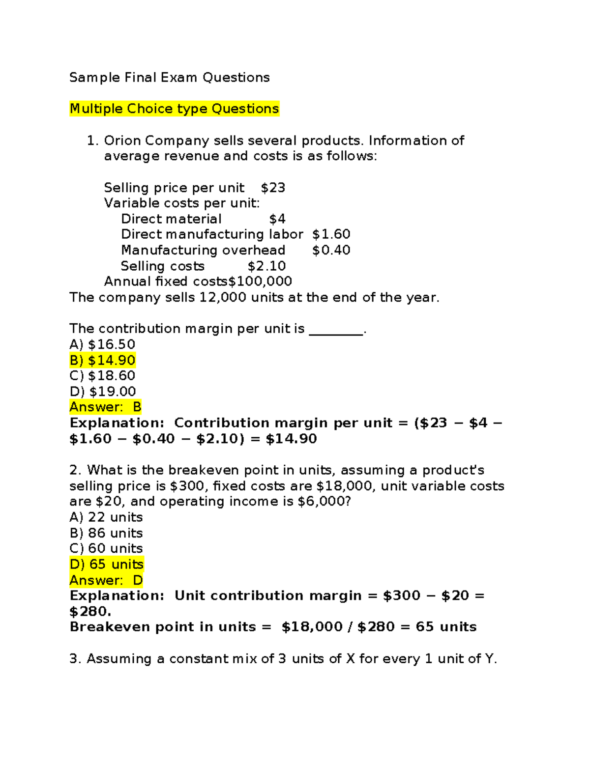 Solutions for Sample Final Exam Questions (Course Code: FIN 101) - Studocu