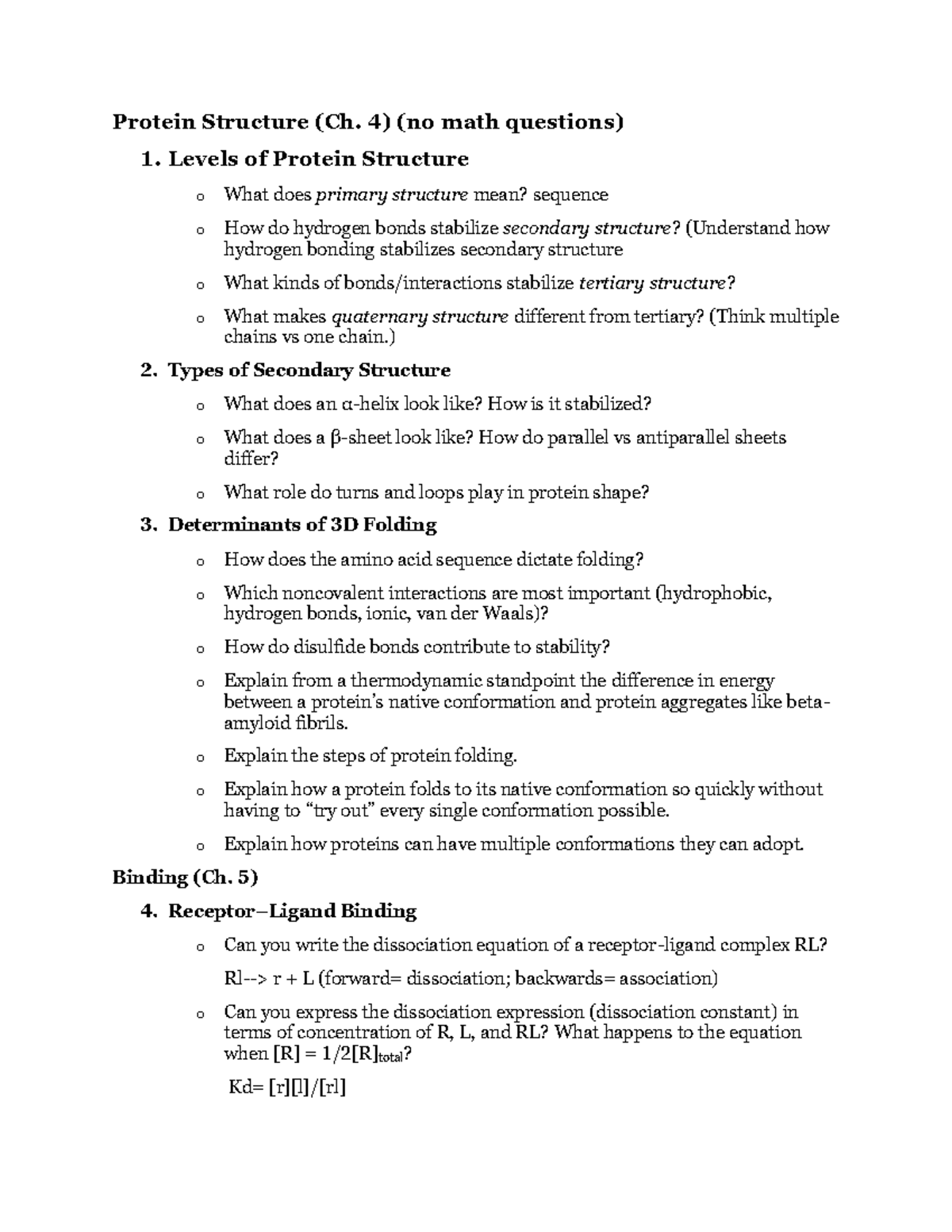 Protein Structure and Binding Overview (Ch. 4-5) – Study Guide - Studocu