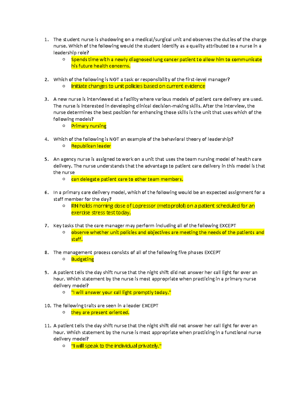 NUR 101 MOC Quiz 1 Practice Questions and Leadership Concepts - Studocu