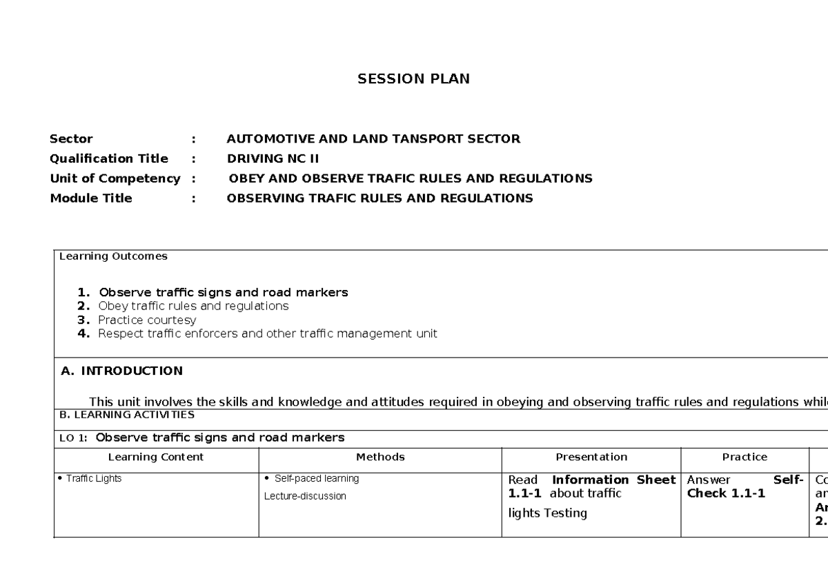Session Plan: Observing Traffic Rules - Driving NC II - Studocu