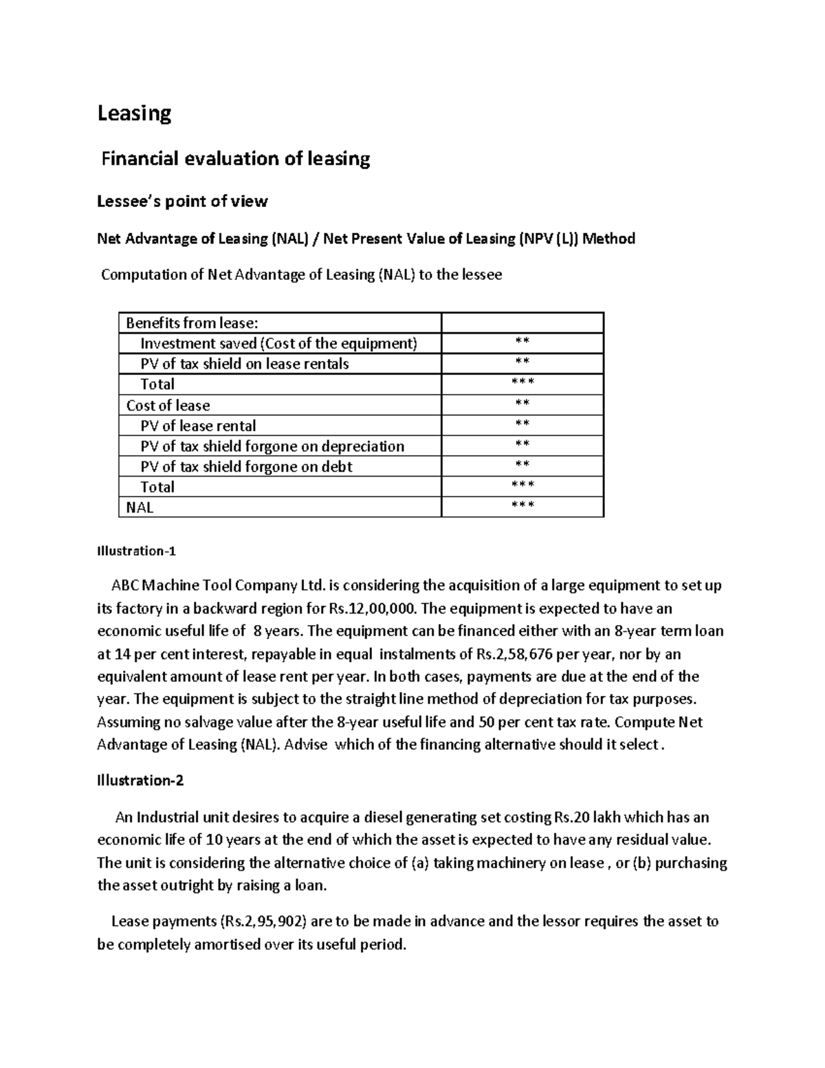 Leasing Financial Analysis Notes - NAL/NPV Method Insights - Studocu