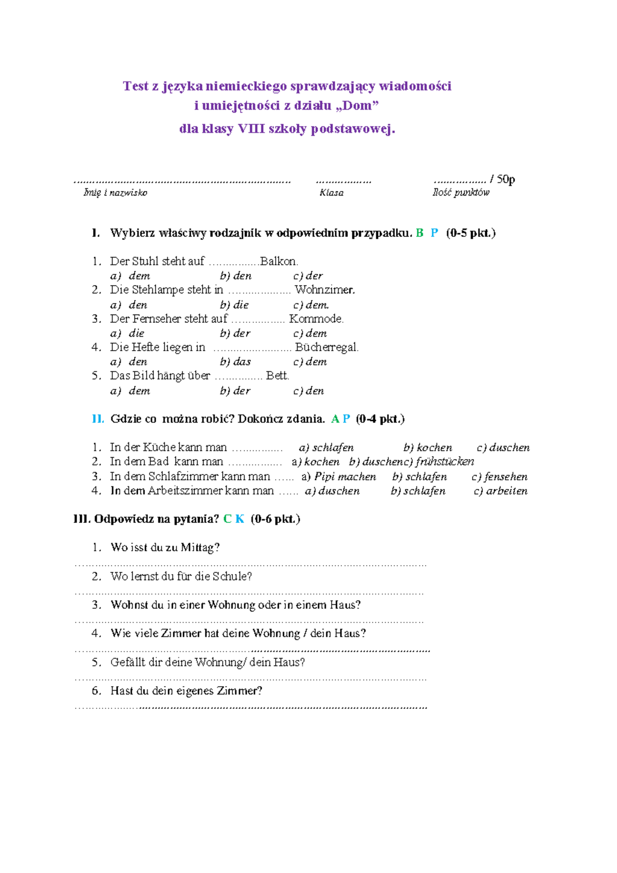 Sprawdzian Z Działu 6 Niemiecki Infos 1 Zadane www.studocu.com