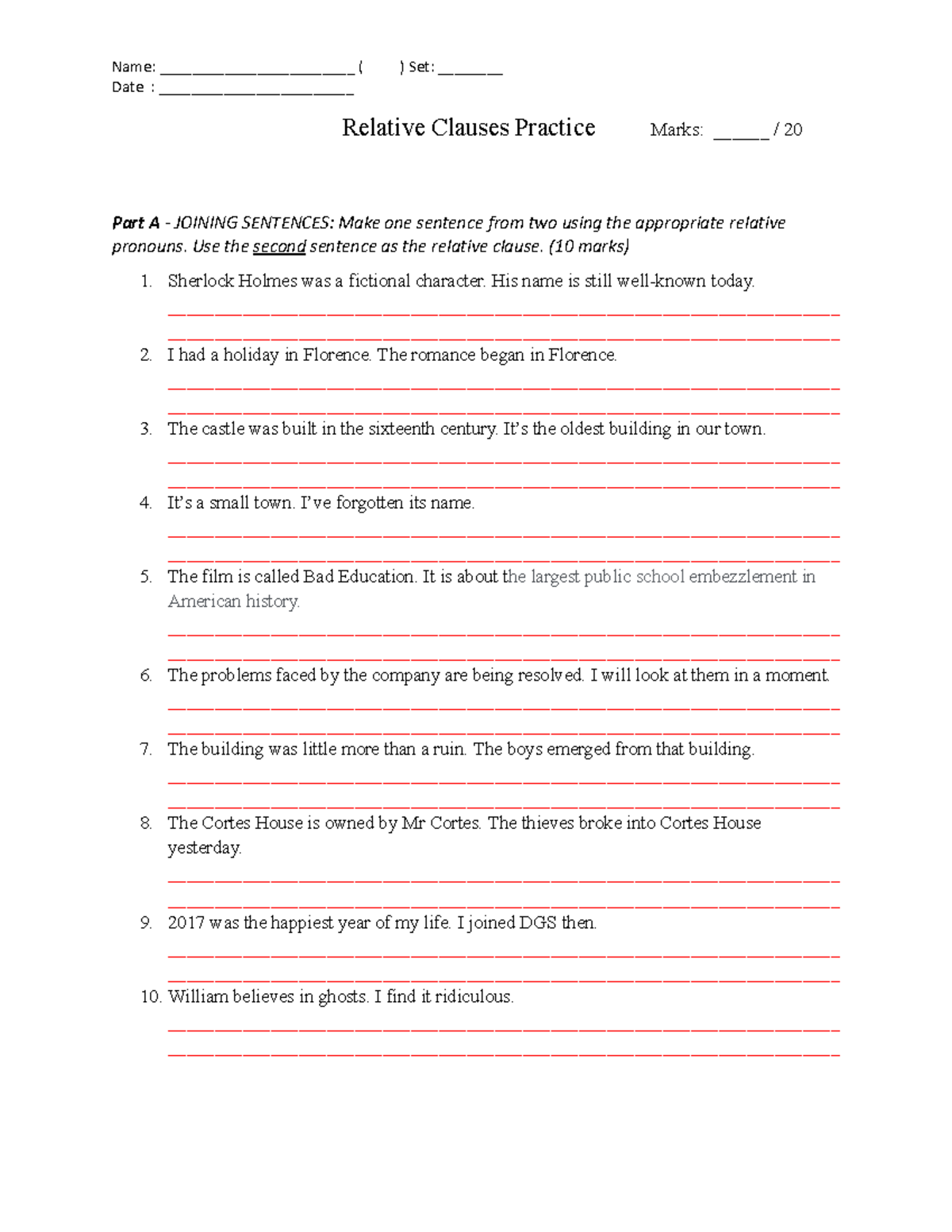 Relative Clause Practice: Joining Sentences Exercise - Studocu