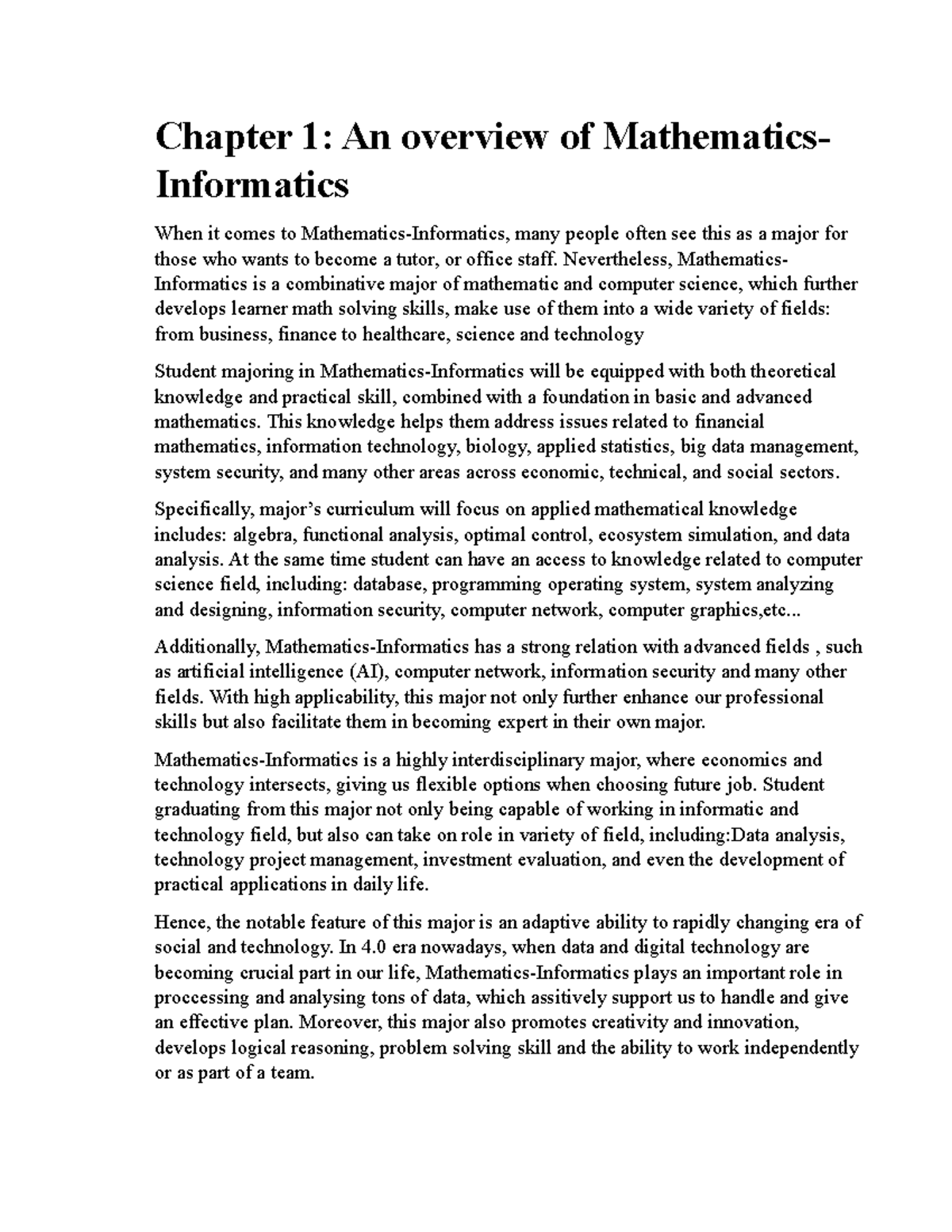Chapter 1: Overview of Mathematics Informatics and Its Applications ...